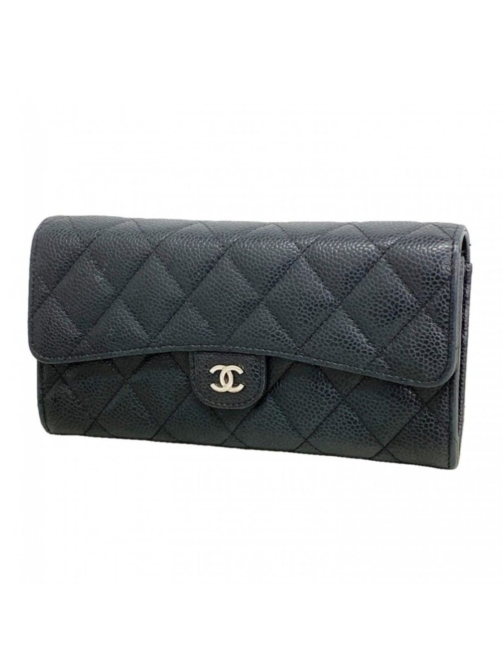 Chanel Wallet Quilted Caviar Leather Black Silver